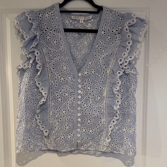 Veronica Beard Striped Blue and White Ruffle Blouse - Picture 2 of 5